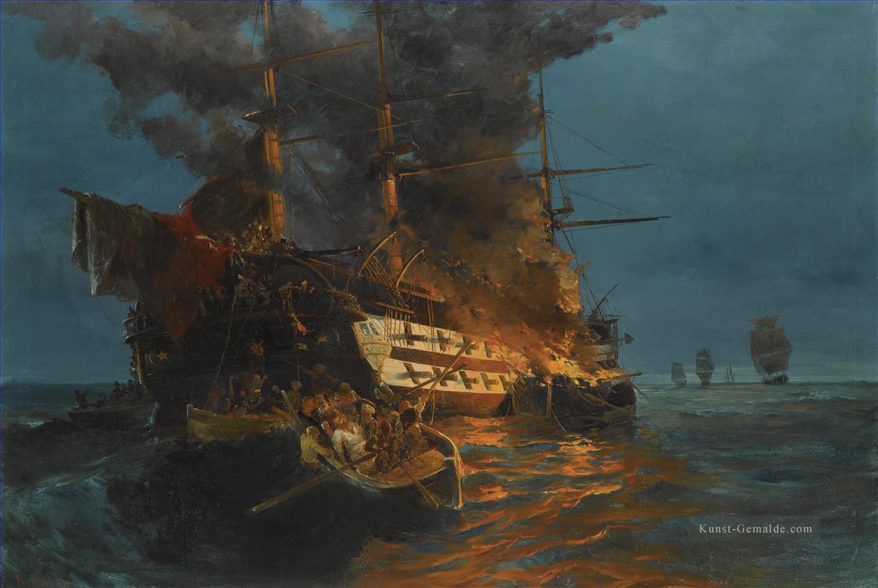 die Verbrennung von einer türkischen Fregatte von Konstantinos Volanakis Kriegsschiff Seeschlacht Ölgemälde